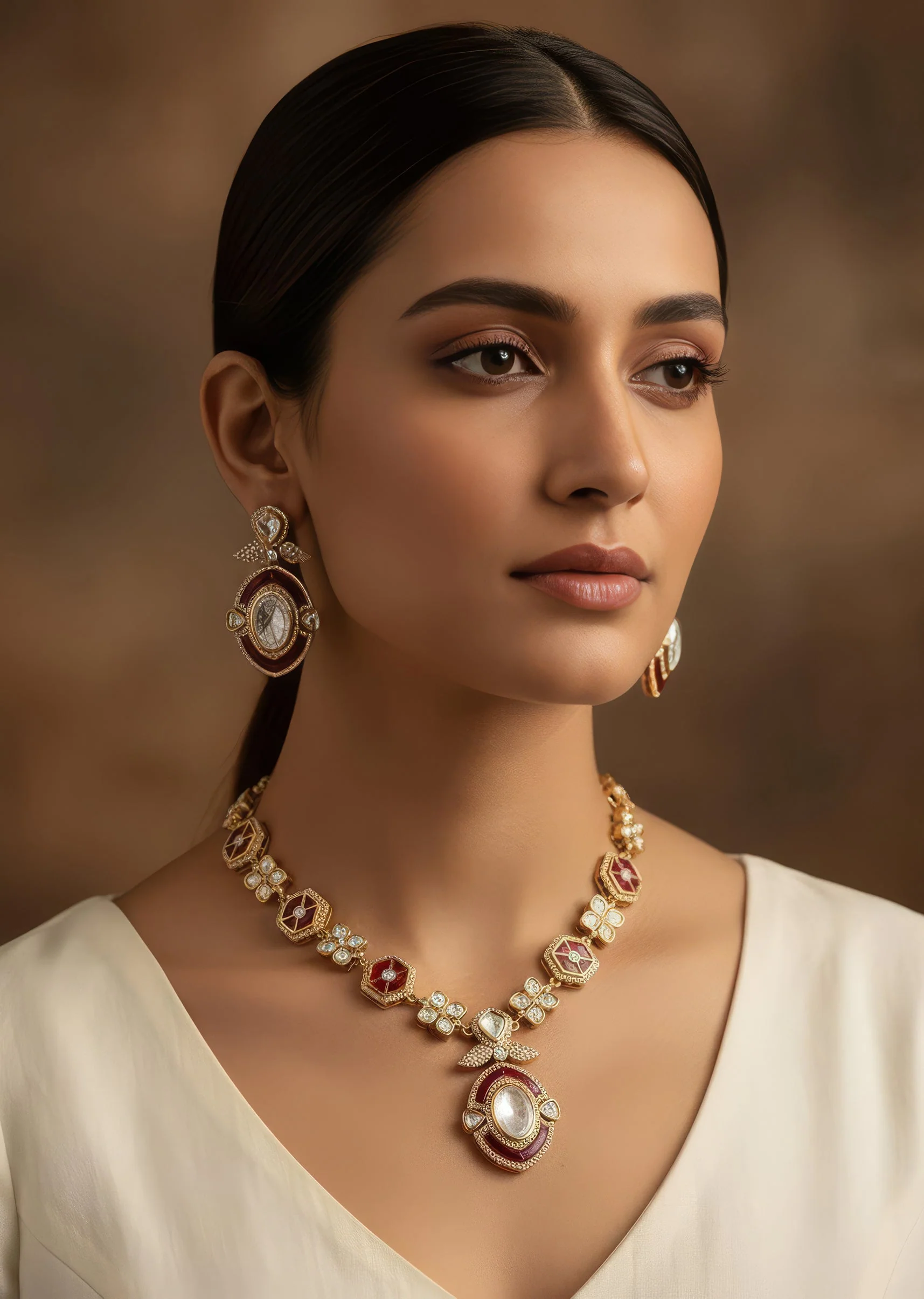 Gold Toned Polki Necklace Set With Matching Studs