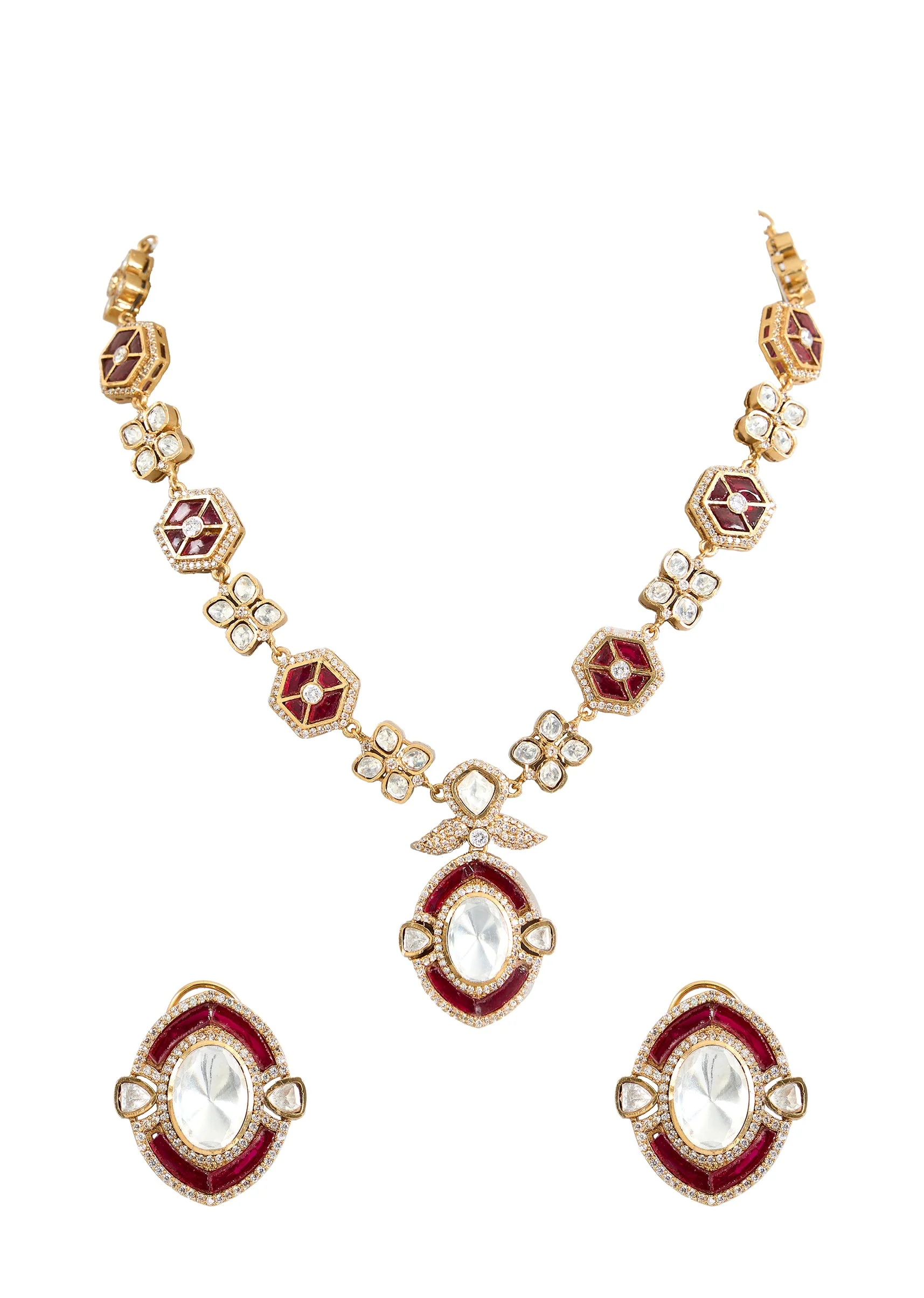 Gold Toned Polki Necklace Set With Matching Studs