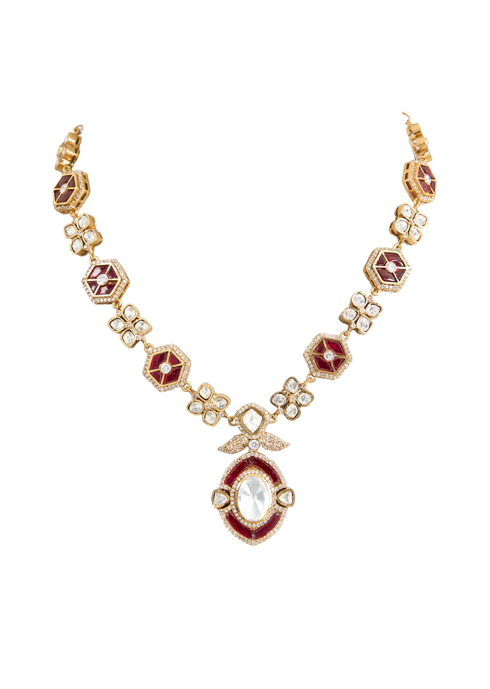 Gold Toned Polki Necklace Set With Matching Studs