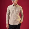 Brown Thread Embroidered Mandarin Collar Mens Shirt