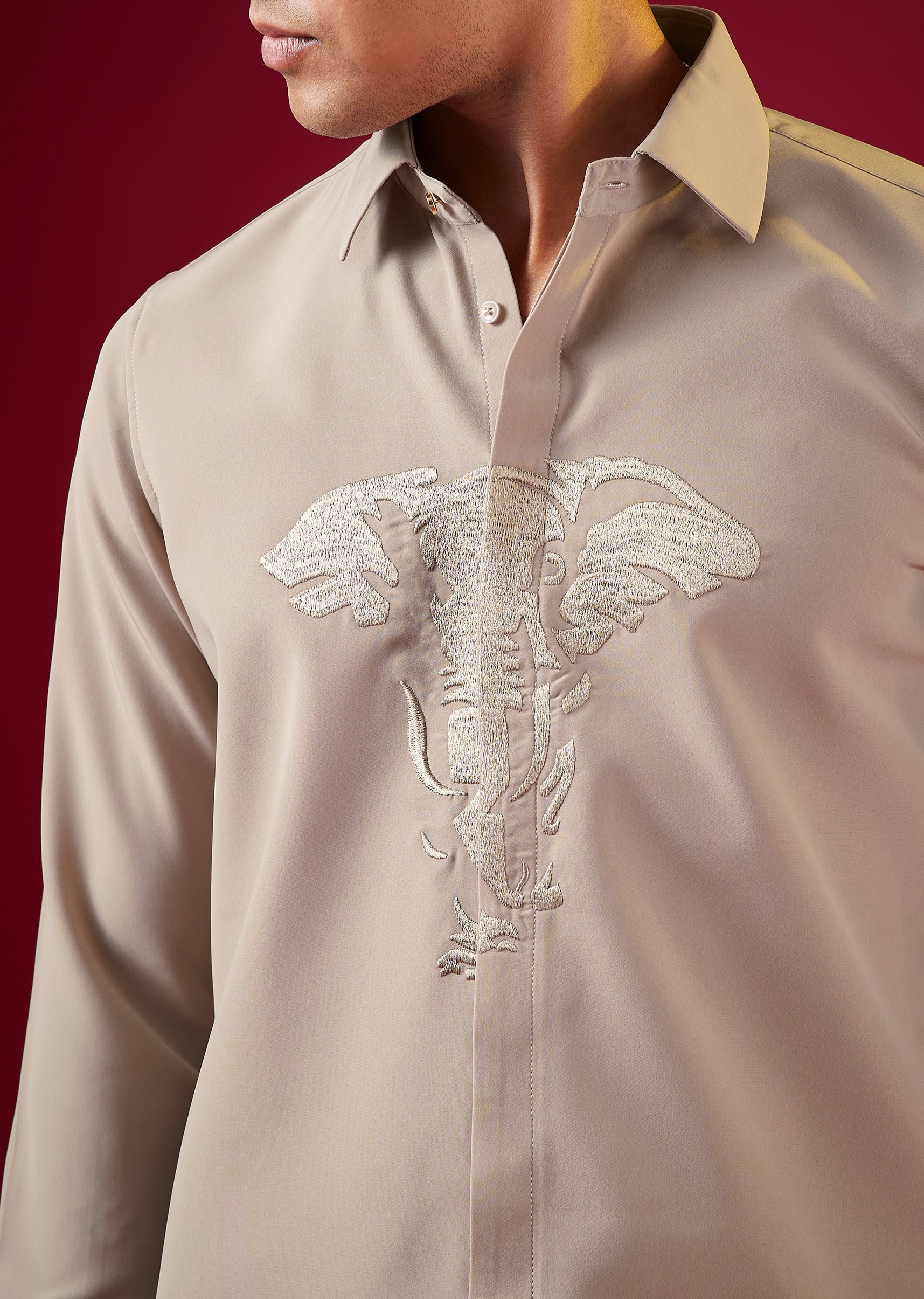 Brown Thread Embroidered Mandarin Collar Mens Shirt