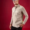 Brown Thread Embroidered Mandarin Collar Mens Shirt