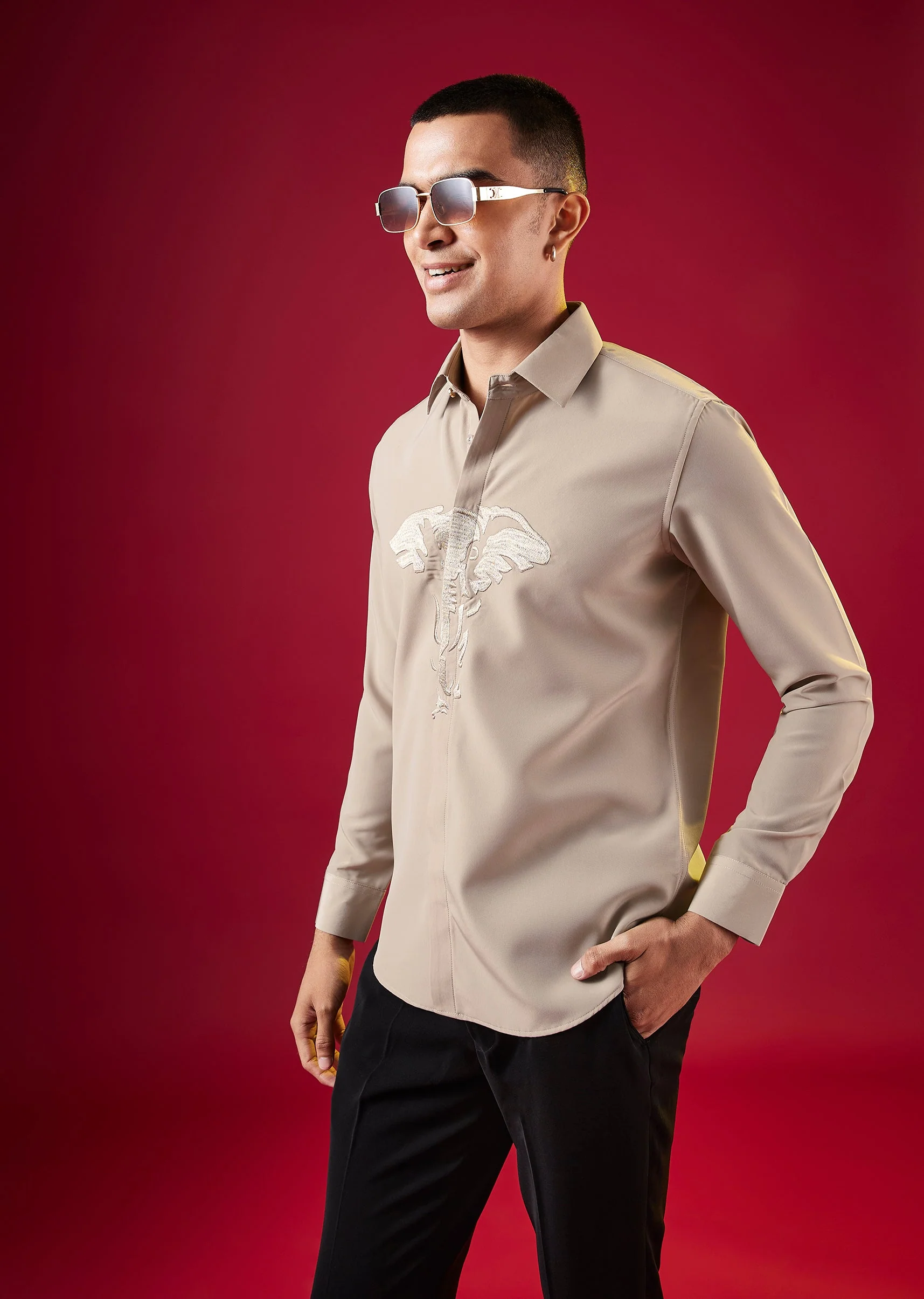 Brown Thread Embroidered Mandarin Collar Mens Shirt