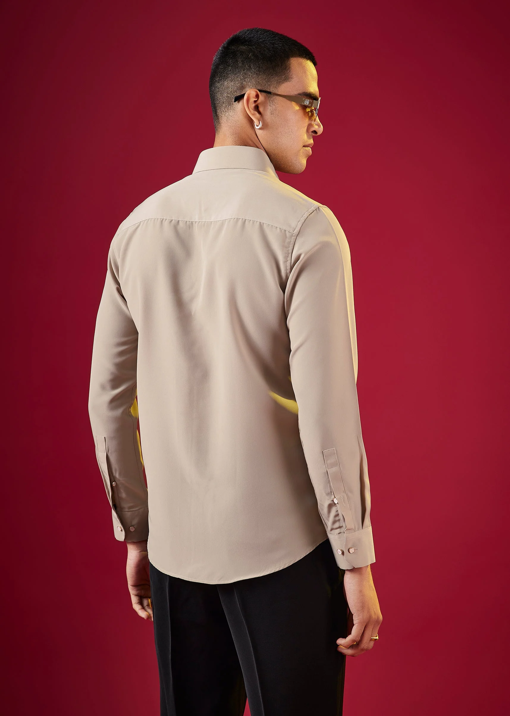 Brown Thread Embroidered Mandarin Collar Mens Shirt