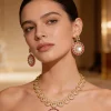 Gold Plated Pink Synthetic Stone Necklace Set With Earrings