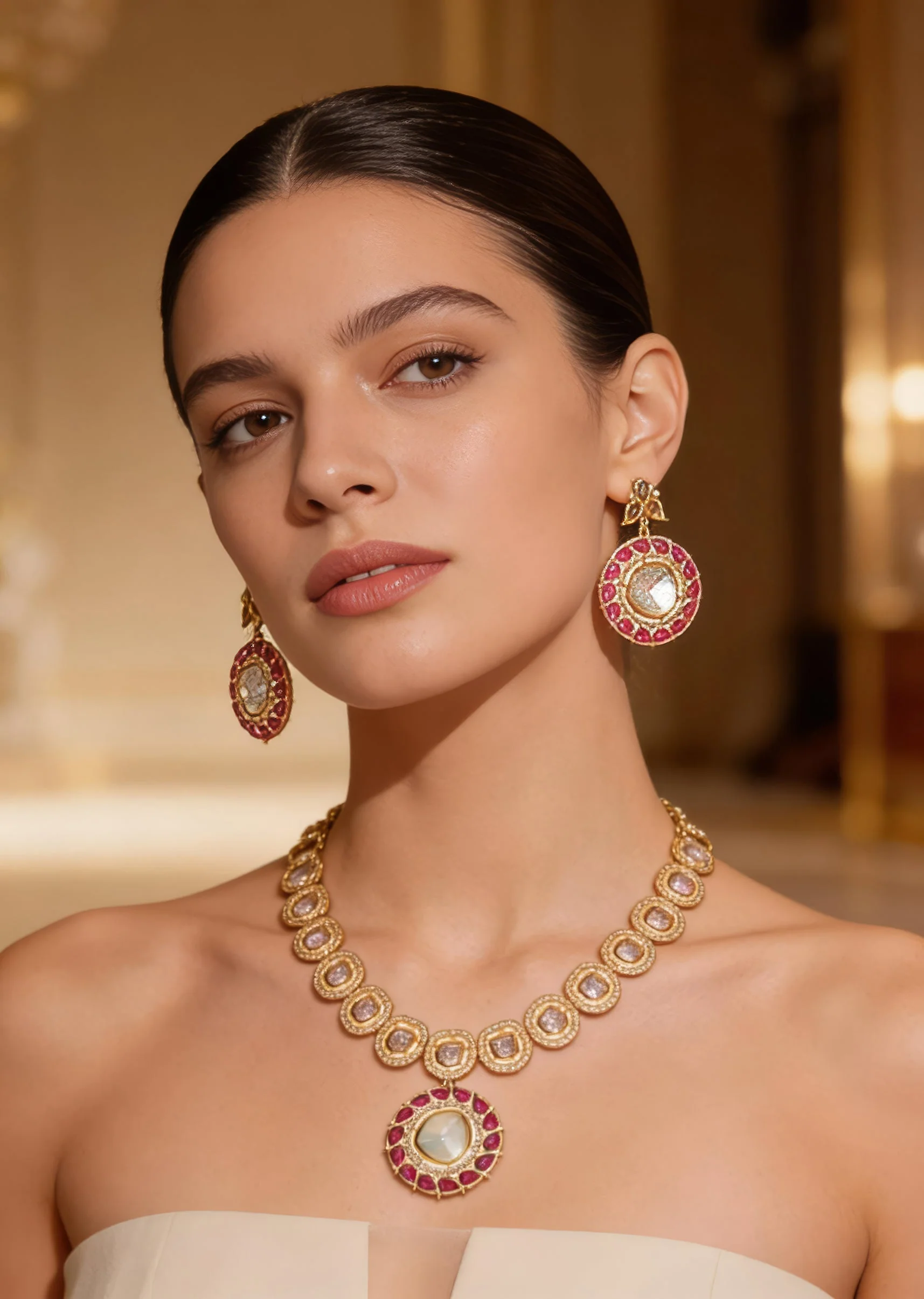 Gold Plated Pink Synthetic Stone Necklace Set With Earrings
