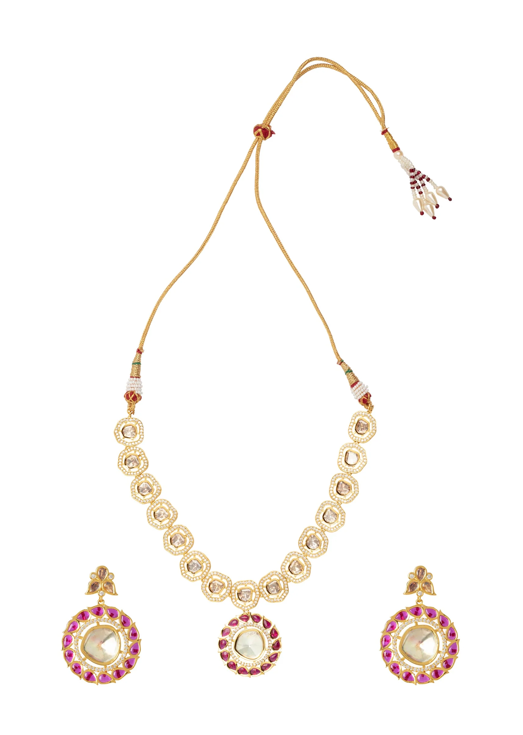 Gold Plated Pink Synthetic Stone Necklace Set With Earrings