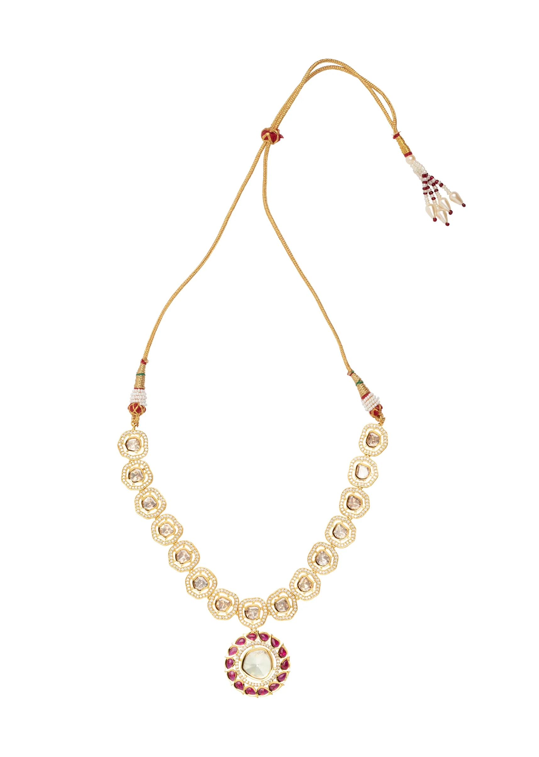 Gold Plated Pink Synthetic Stone Necklace Set With Earrings