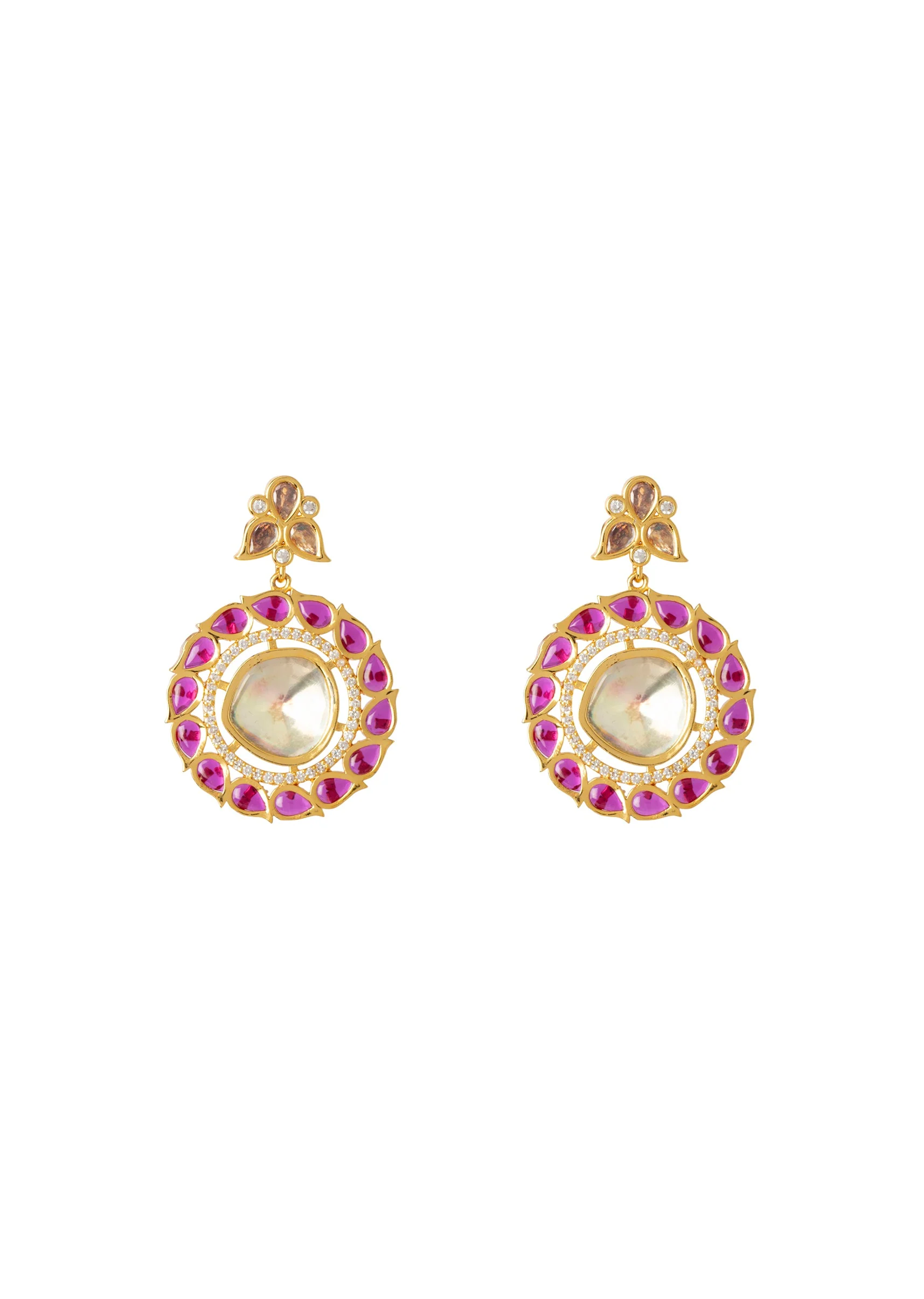 Gold Plated Pink Synthetic Stone Necklace Set With Earrings