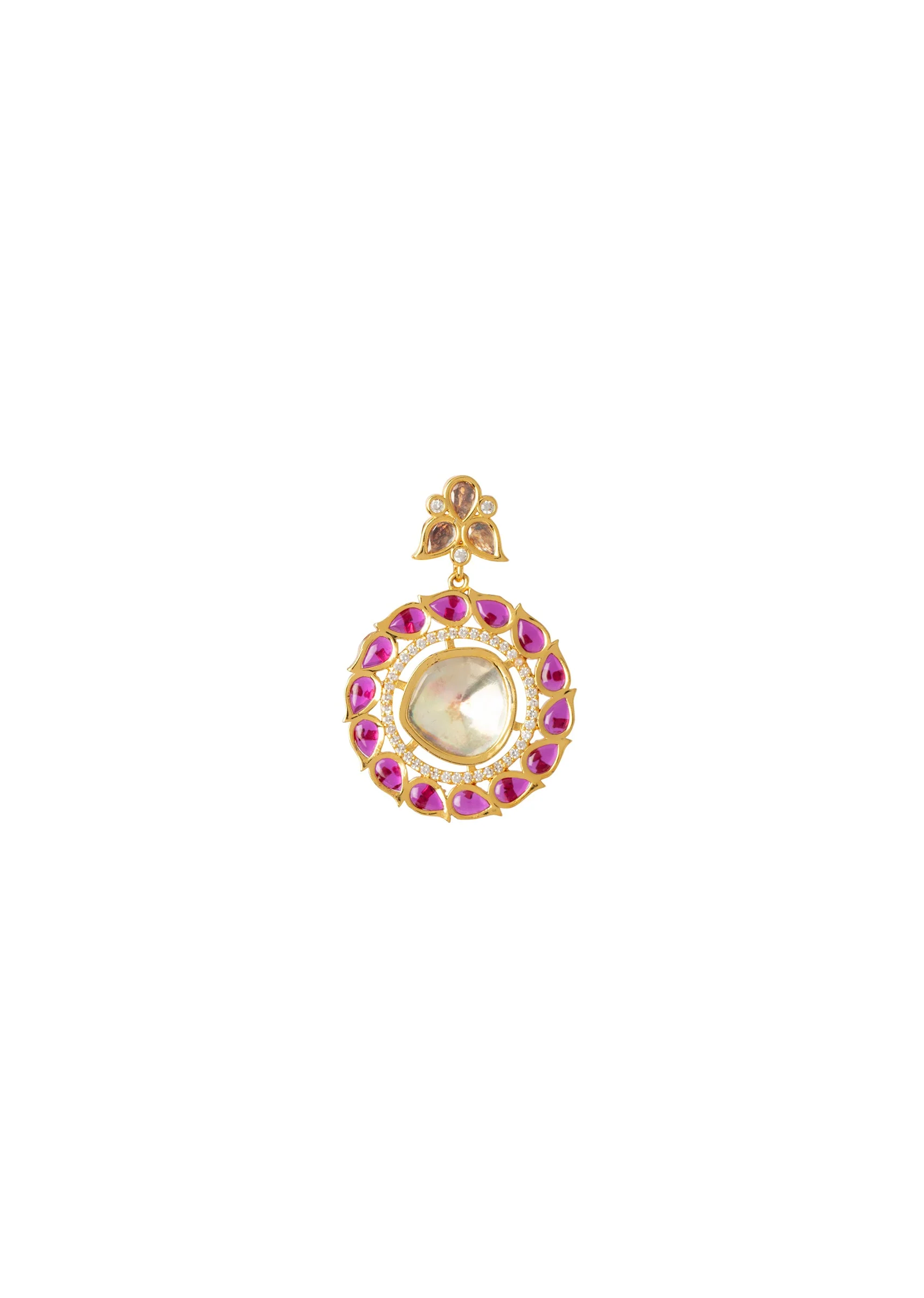 Gold Plated Pink Synthetic Stone Necklace Set With Earrings
