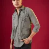 Grey Thread Embroidered Mandarin Collar Mens Shirt