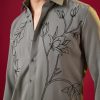 Grey Thread Embroidered Mandarin Collar Mens Shirt