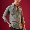 Grey Thread Embroidered Mandarin Collar Mens Shirt