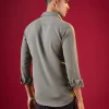 Grey Thread Embroidered Mandarin Collar Mens Shirt