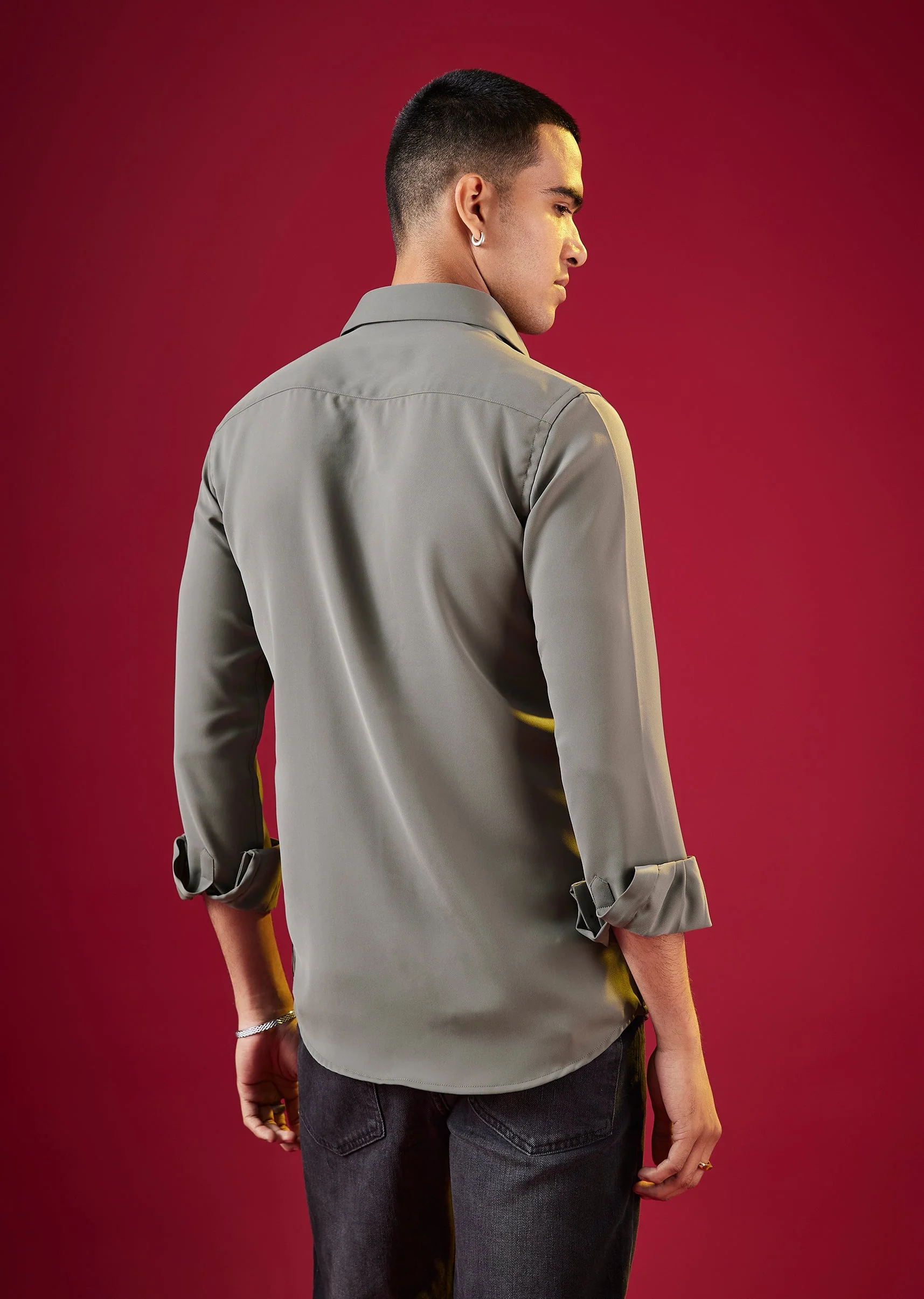 Grey Thread Embroidered Mandarin Collar Mens Shirt