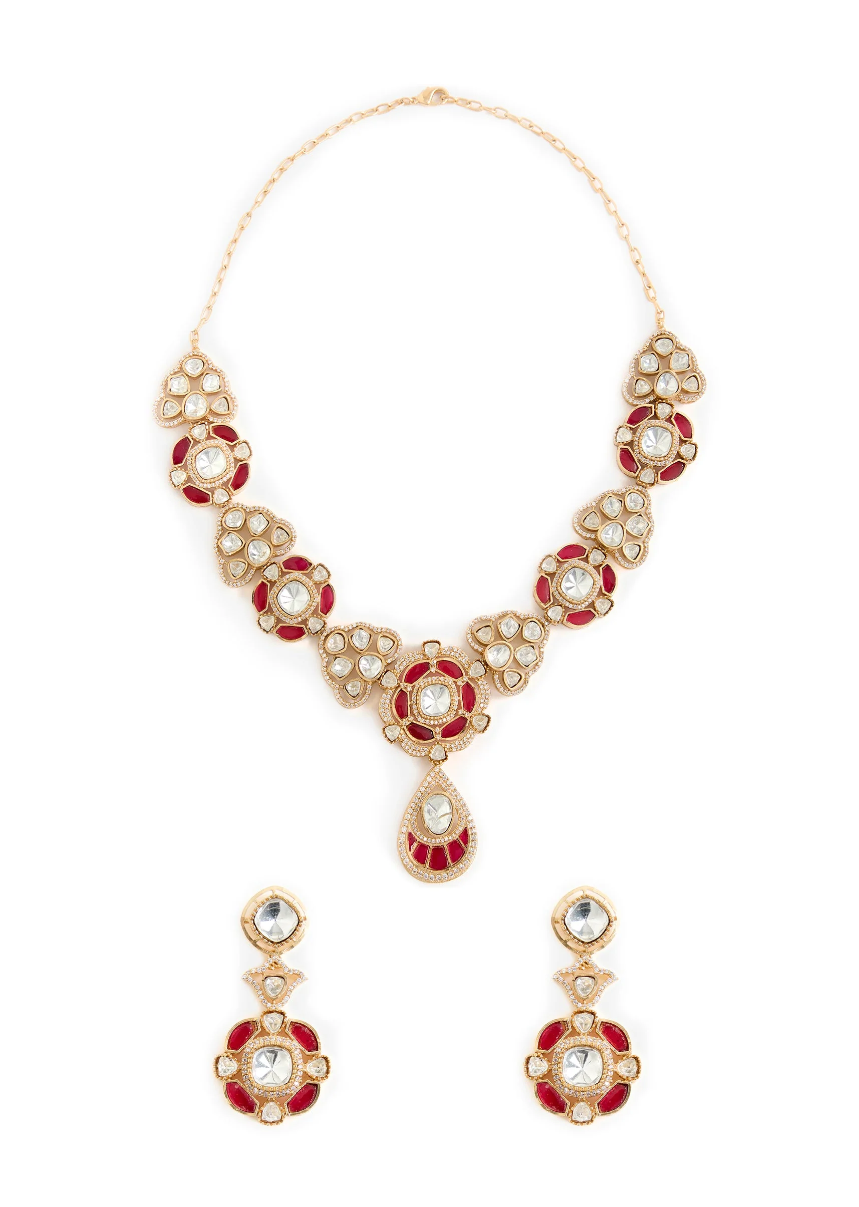 Gold Plated Red Gemstones Kundan Necklace And Earring Set