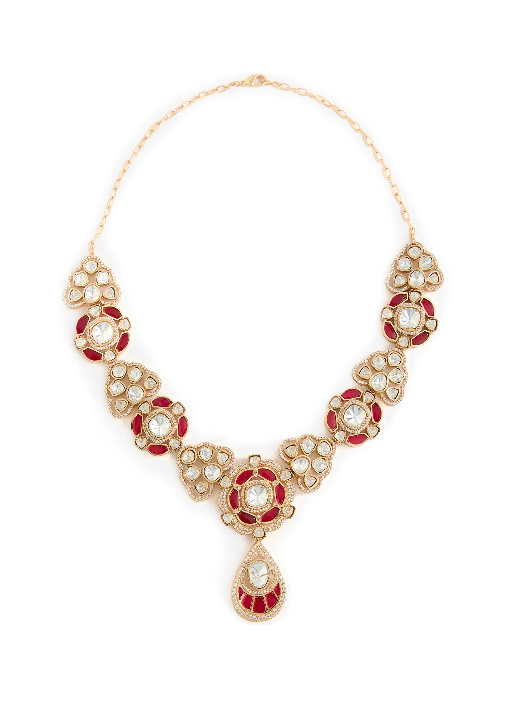 Gold Plated Red Gemstones Kundan Necklace And Earring Set