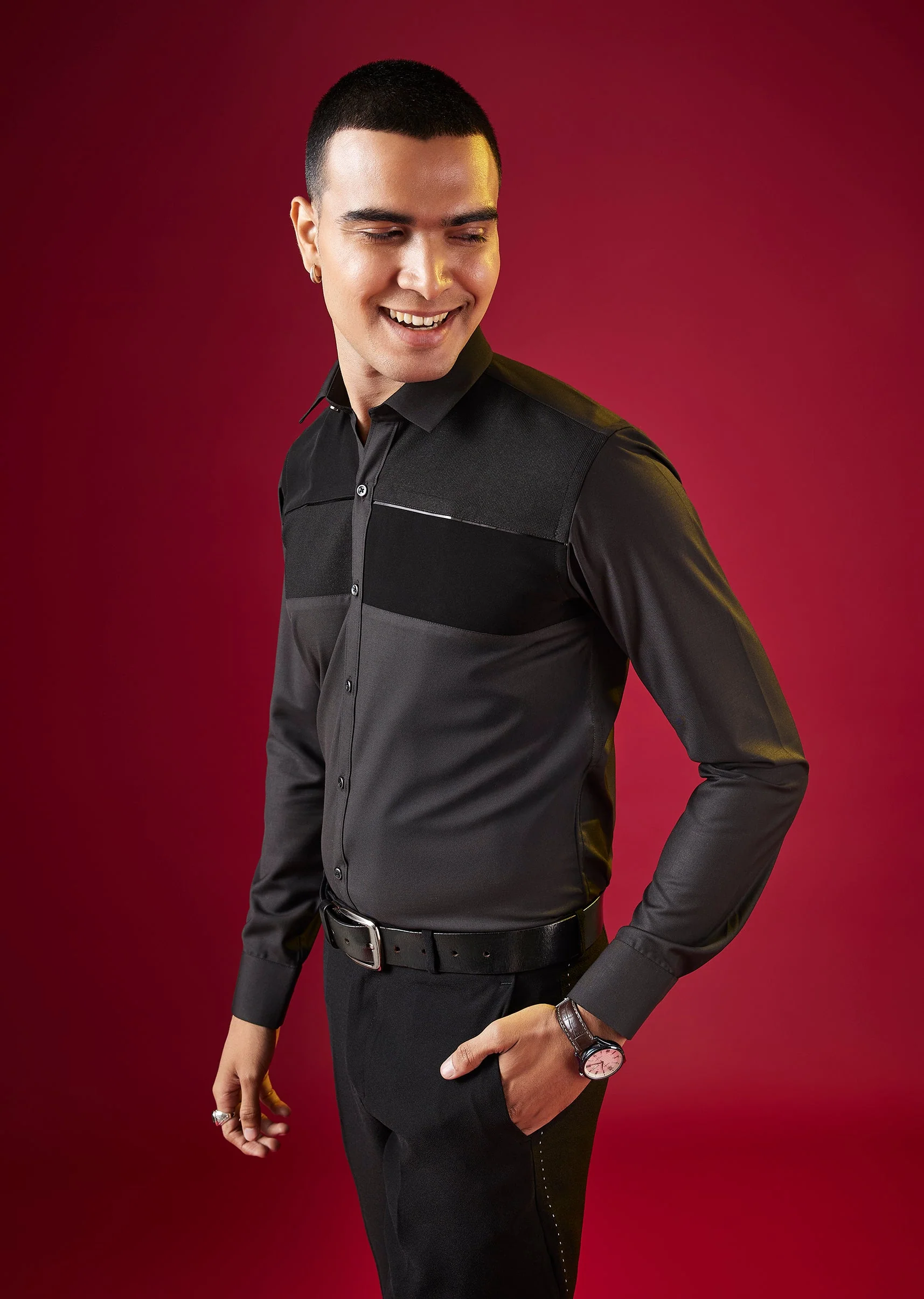 Grey Patchwork Embellished Mens Shirt