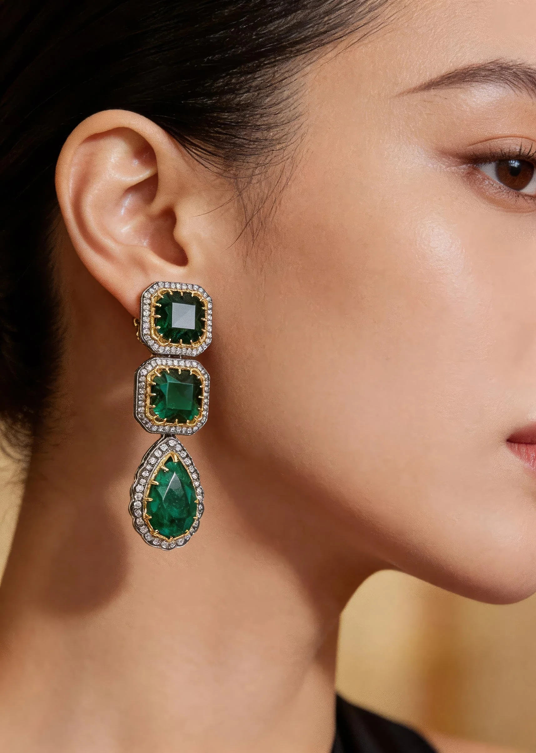 Green Stone Dangler Earrings Framed With Crystals