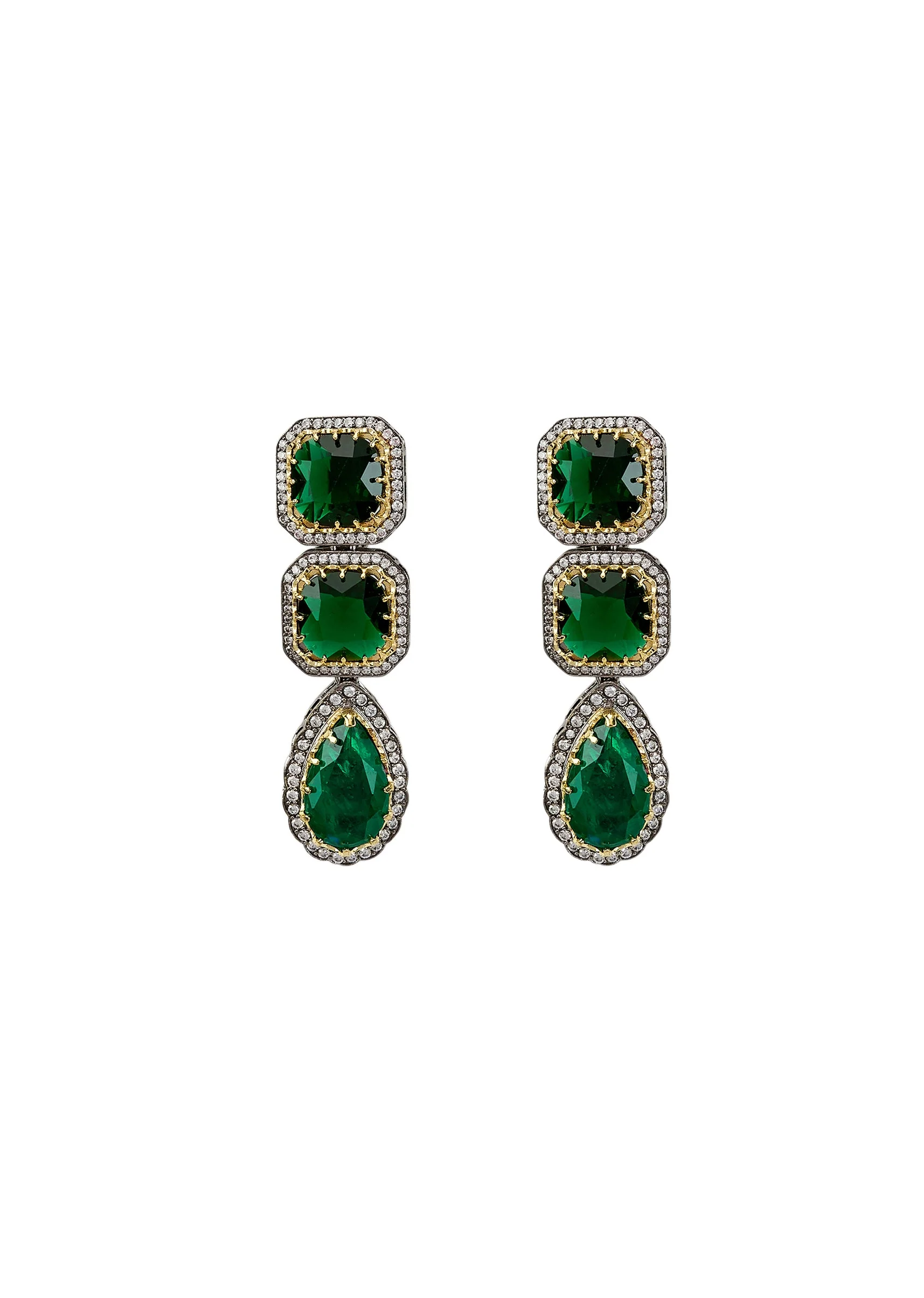 Green Stone Dangler Earrings Framed With Crystals