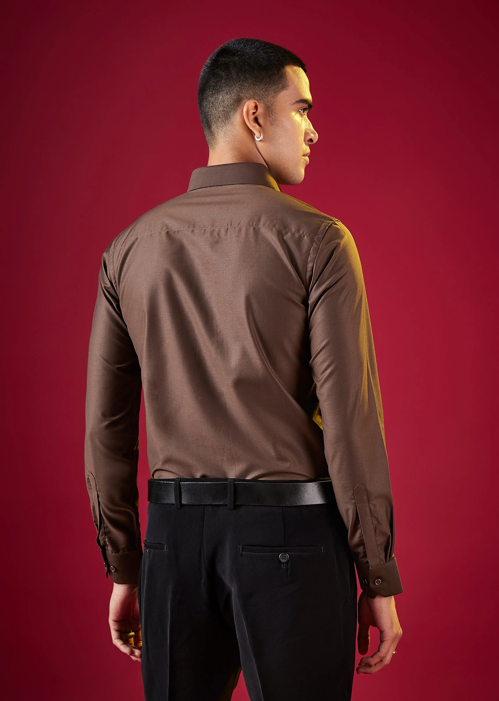 Brown Solid Button Front Mens Shirt