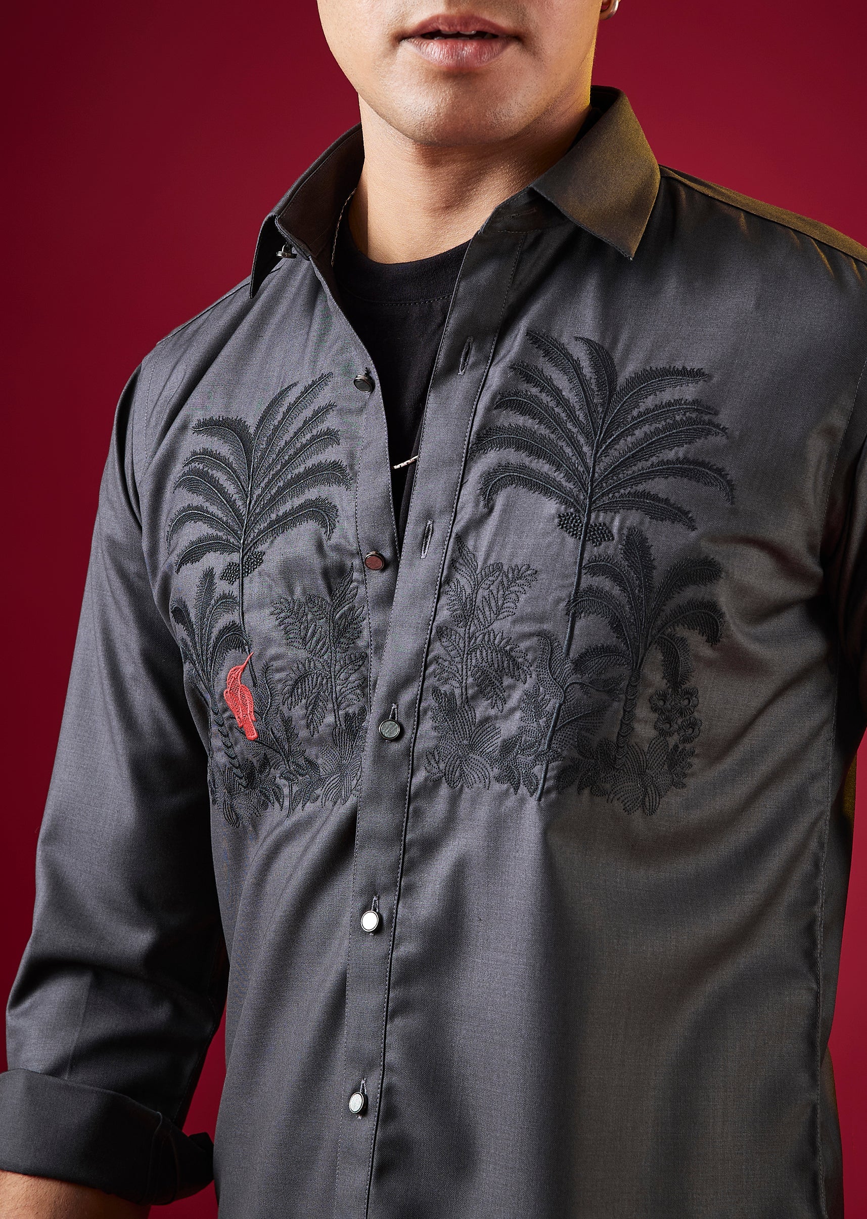 Grey Thread And Resham Embroidered Mens Shirt