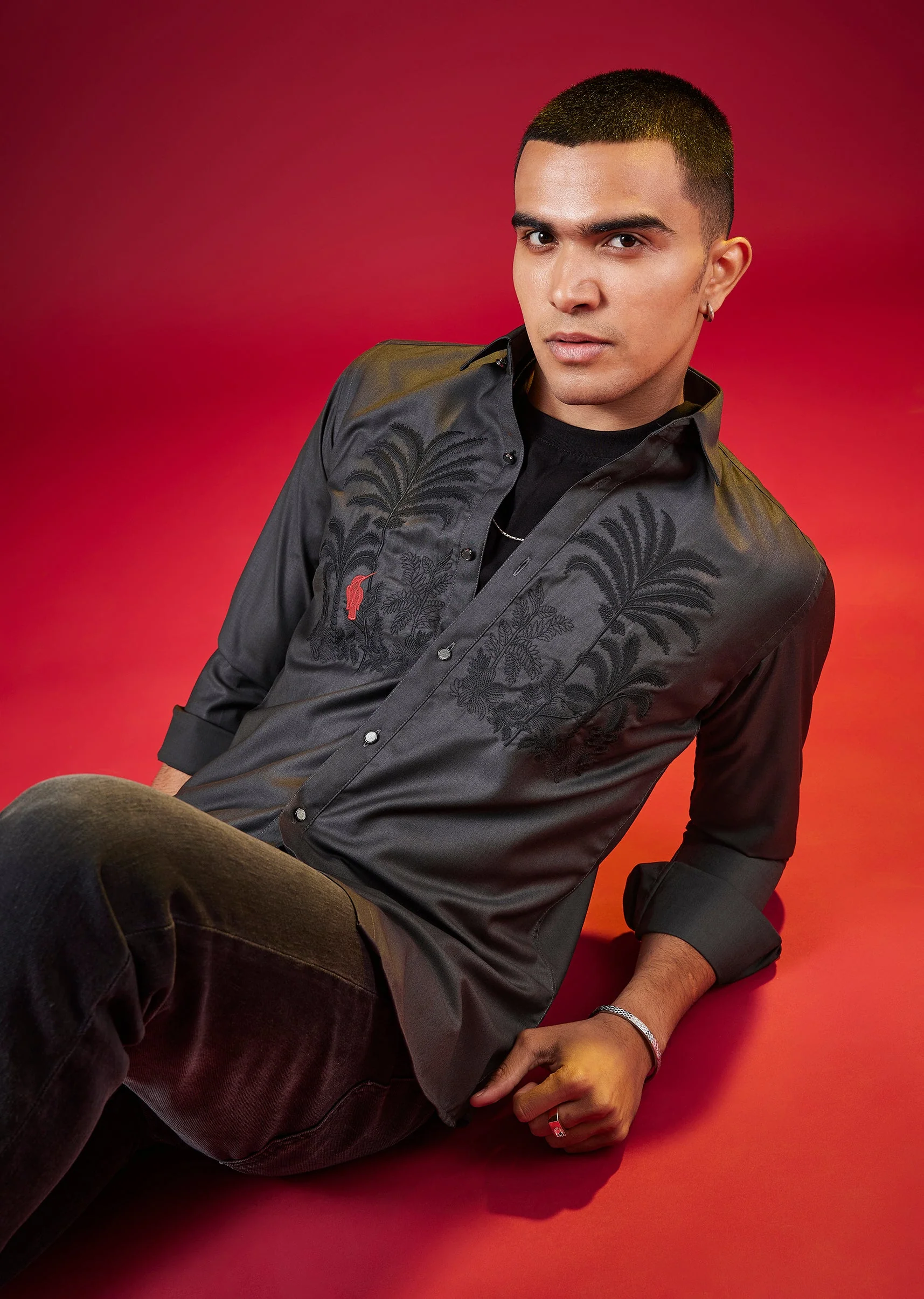 Grey Thread And Resham Embroidered Mens Shirt