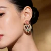 Gold Plated Statement Earrings With Multicolor Stones