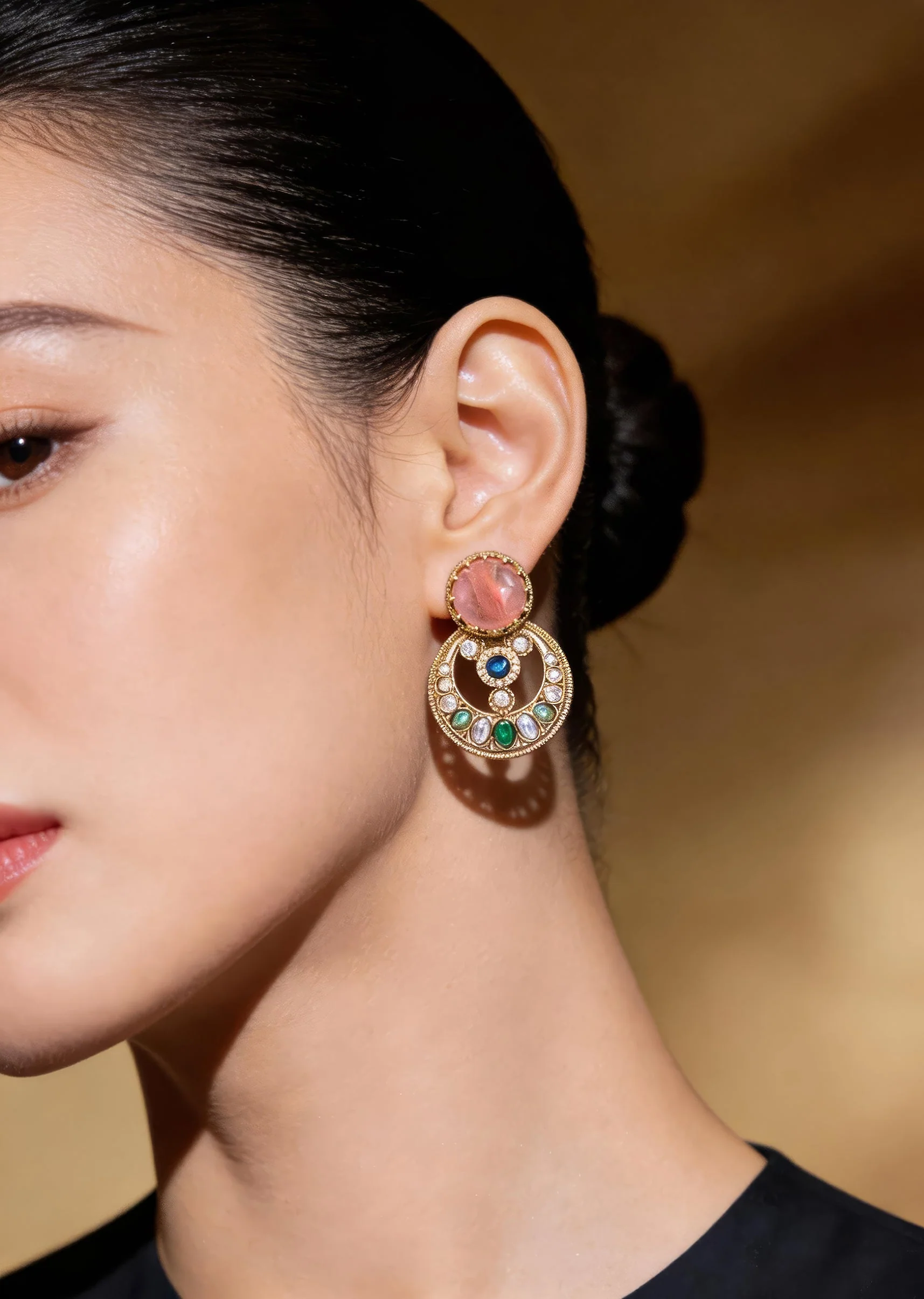 Gold Plated Statement Earrings With Multicolor Stones