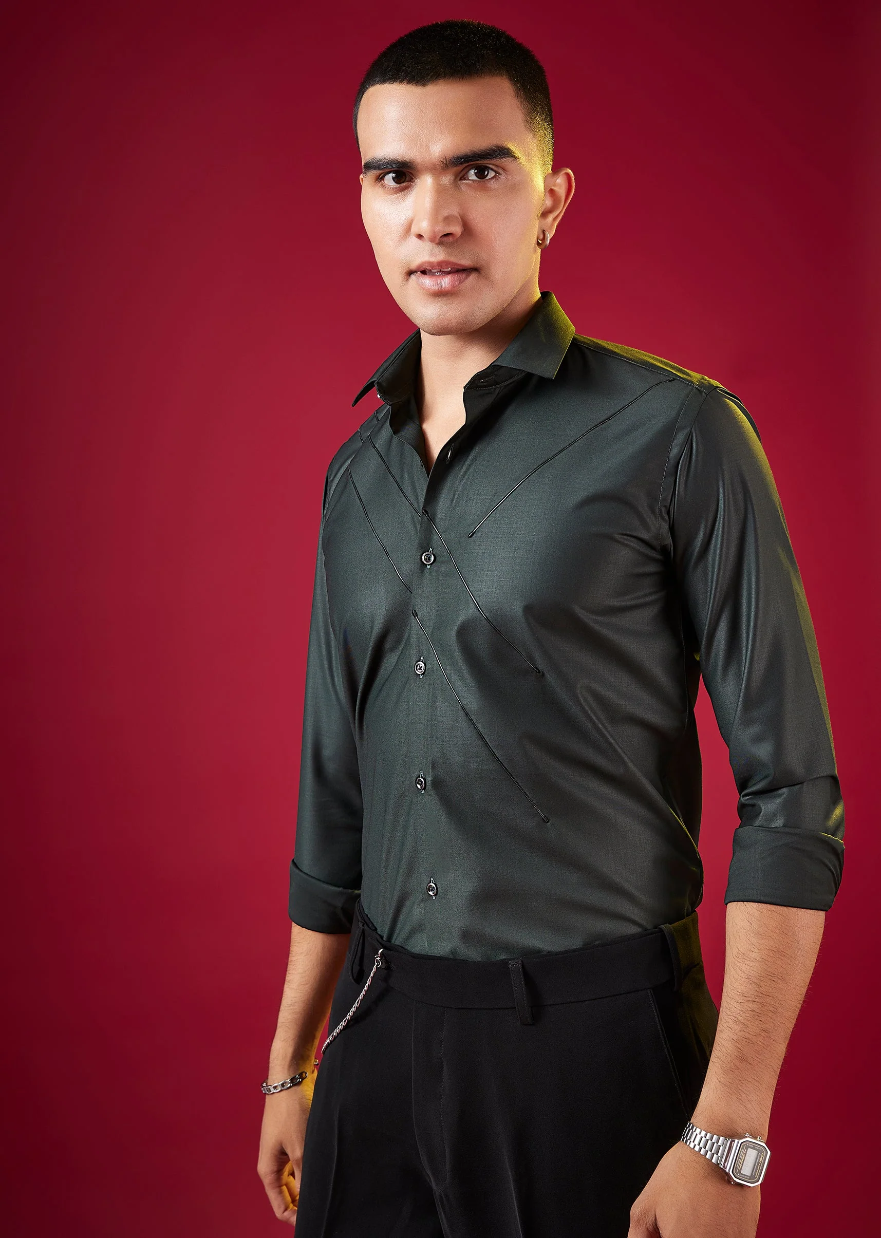 Grey Solid Mandarin Collar Mens Shirt