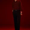 Red Embroidered Mandarin Collar Shirt