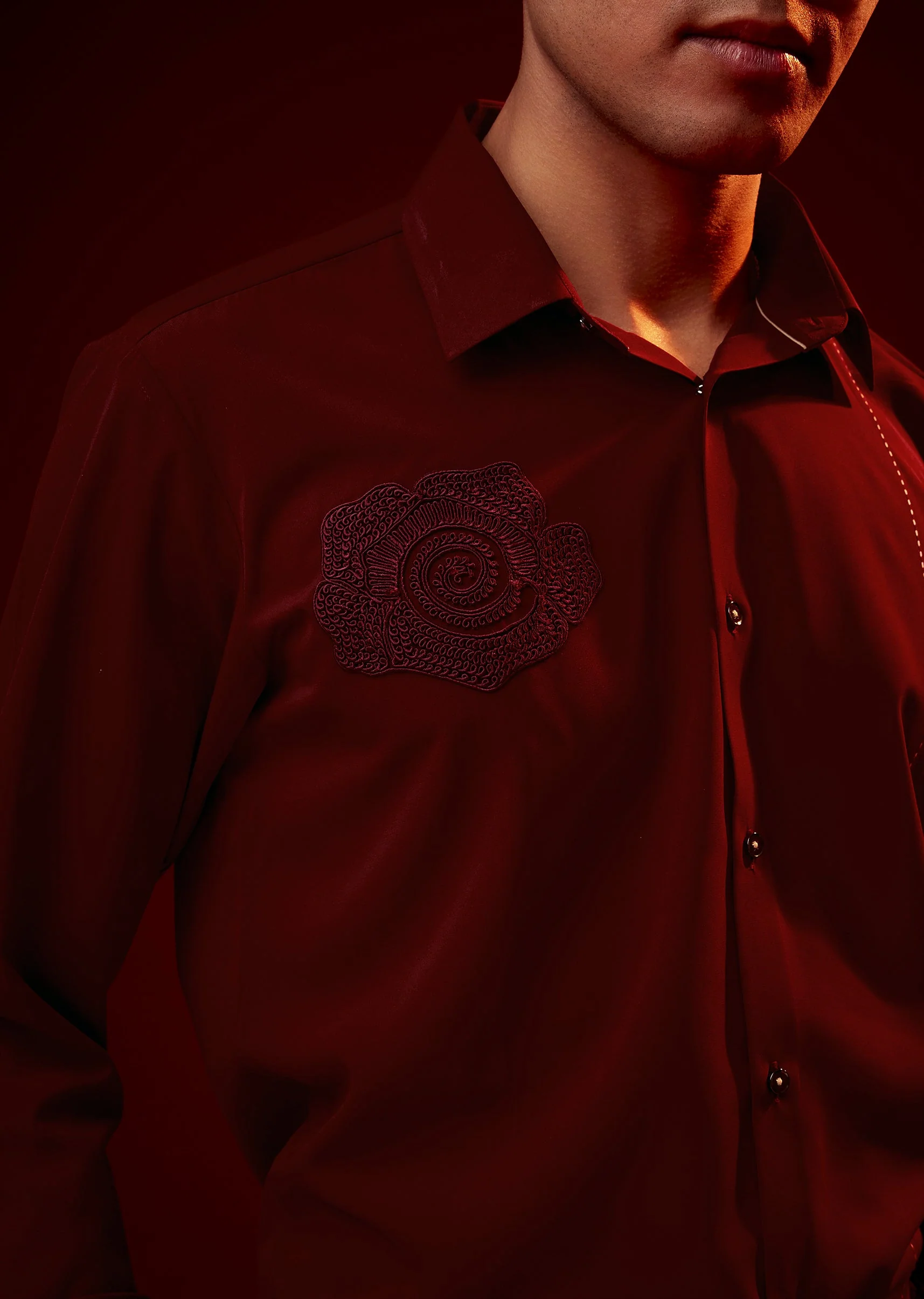 Red Embroidered Mandarin Collar Shirt