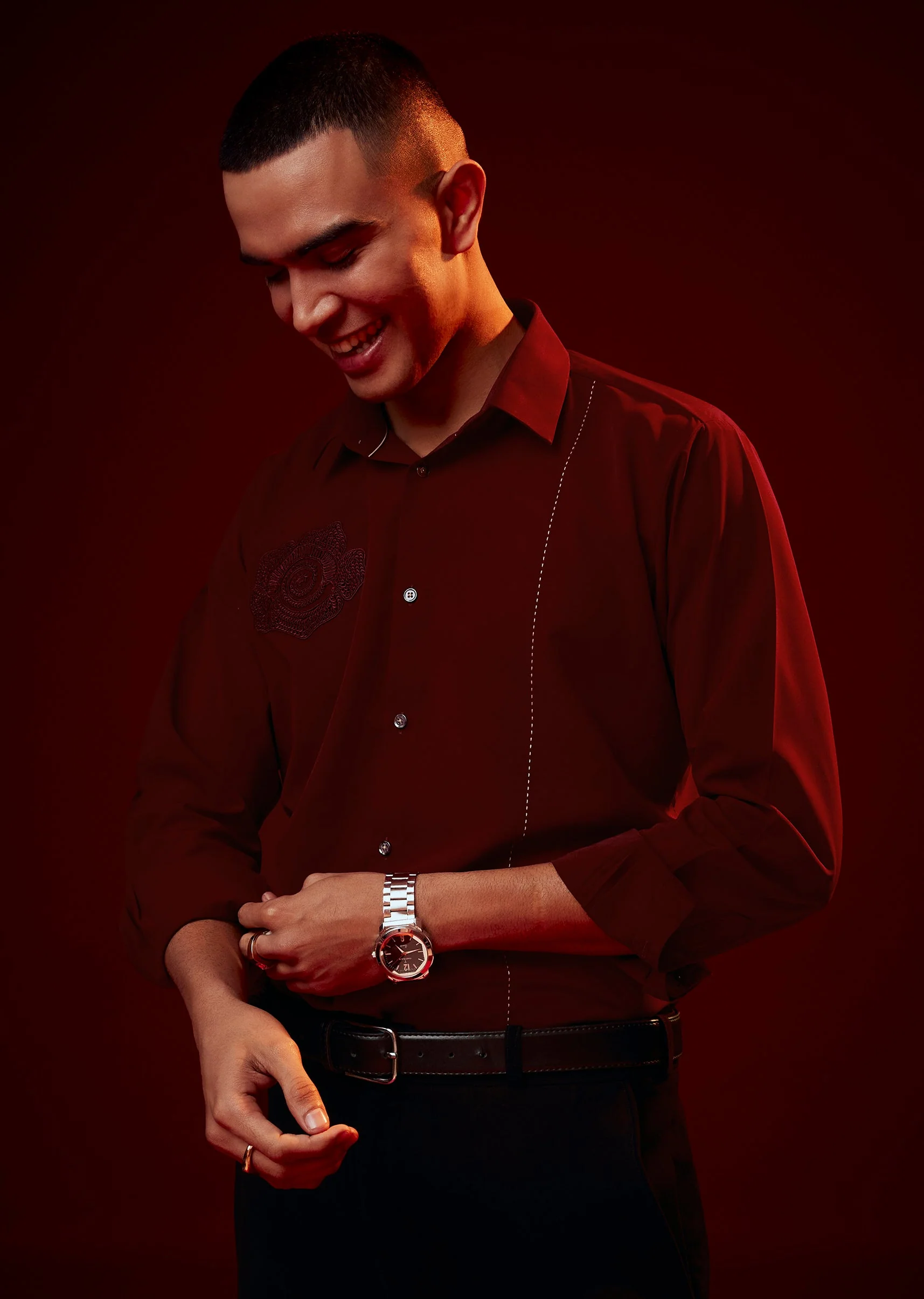 Red Embroidered Mandarin Collar Shirt