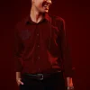 Red Embroidered Mandarin Collar Shirt