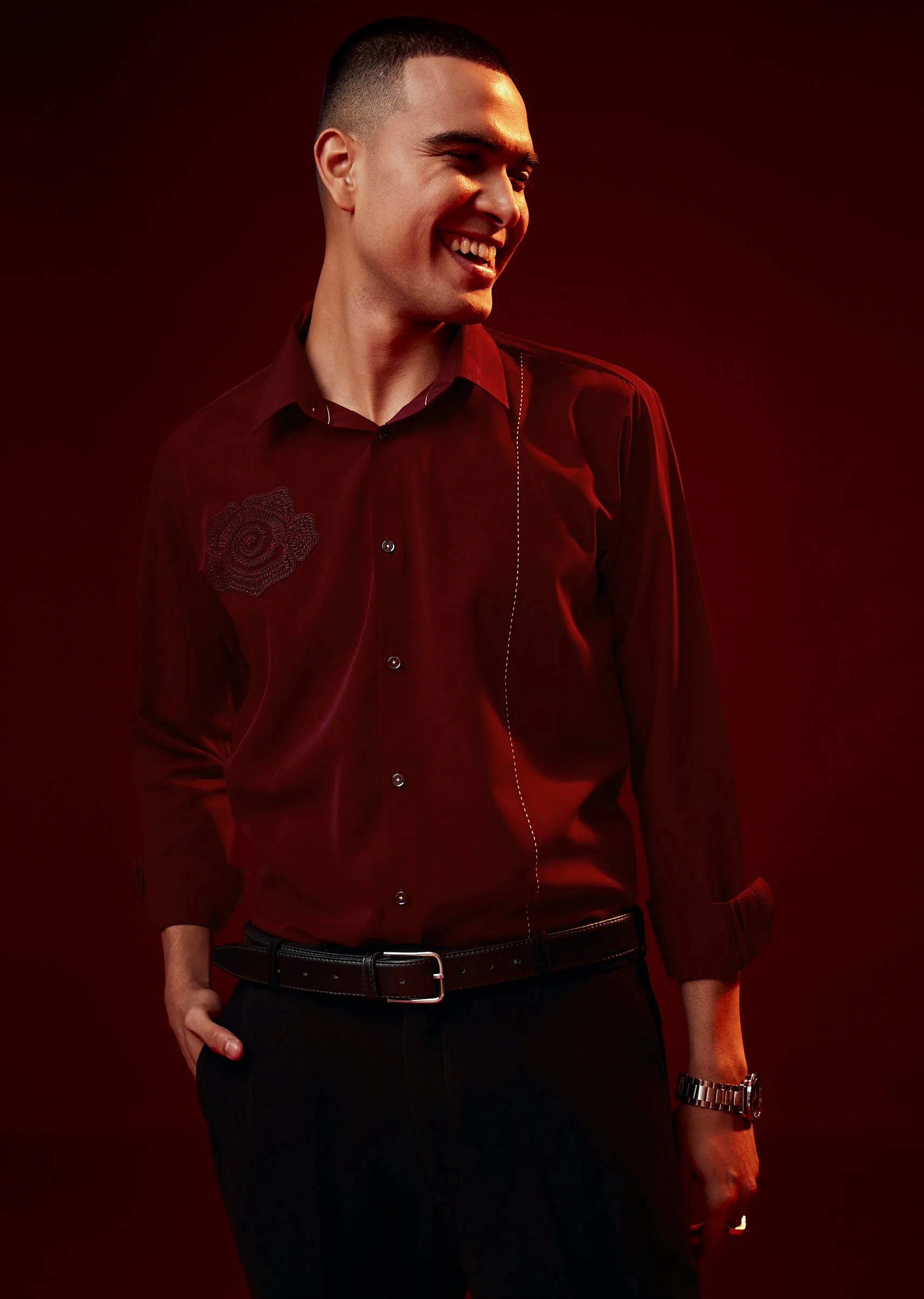 Red Embroidered Mandarin Collar Shirt
