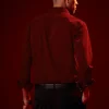 Red Embroidered Mandarin Collar Shirt