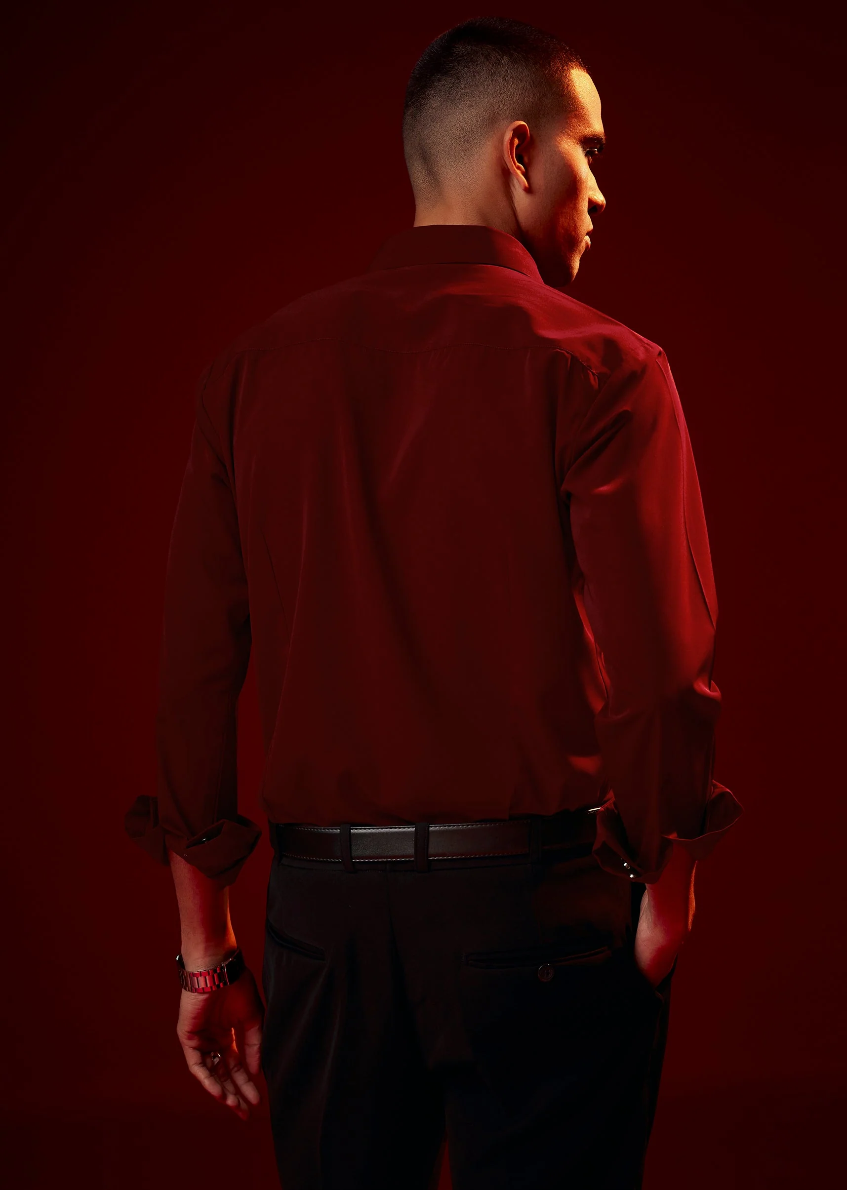 Red Embroidered Mandarin Collar Shirt