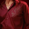 Red Embroidered Silk Blend Mandarin Collar Shirt