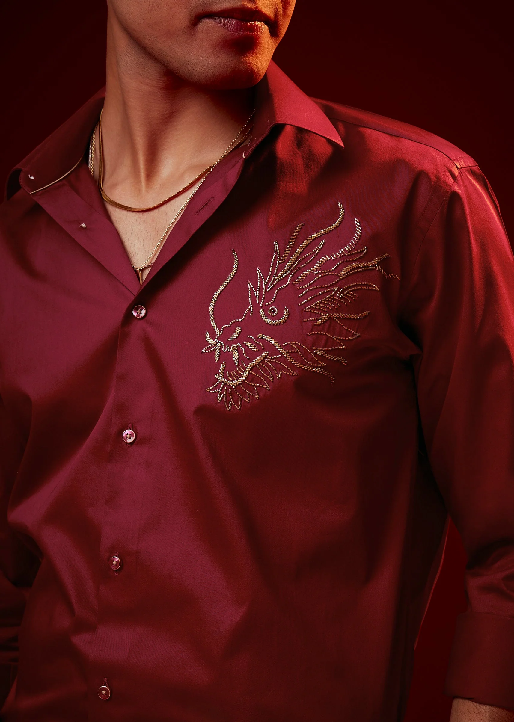 Red Embroidered Silk Blend Mandarin Collar Shirt