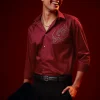 Red Embroidered Silk Blend Mandarin Collar Shirt