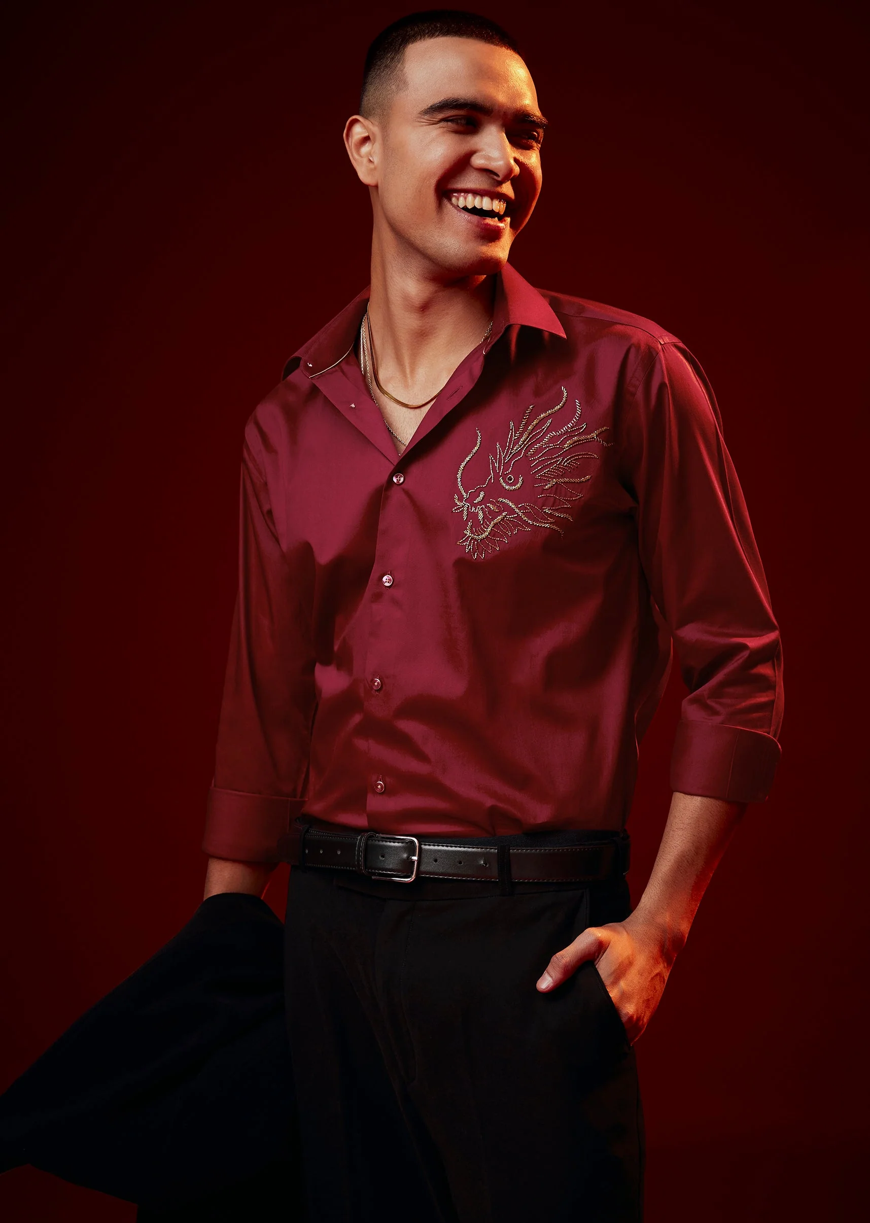 Red Embroidered Silk Blend Mandarin Collar Shirt