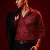 Red Embroidered Silk Blend Mandarin Collar Shirt