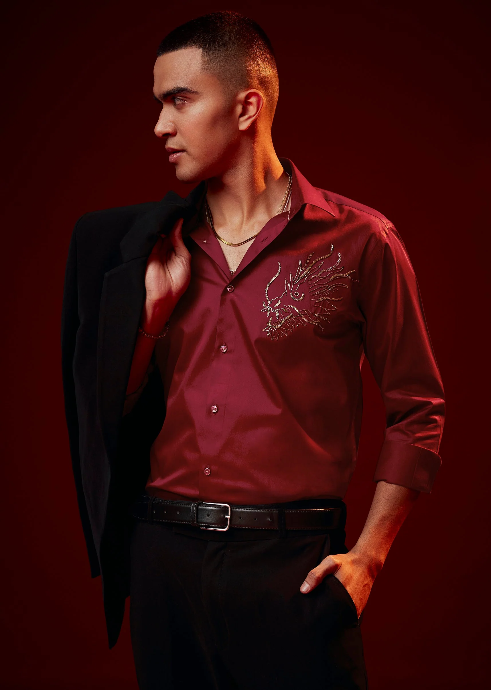 Red Embroidered Silk Blend Mandarin Collar Shirt