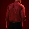 Red Embroidered Silk Blend Mandarin Collar Shirt