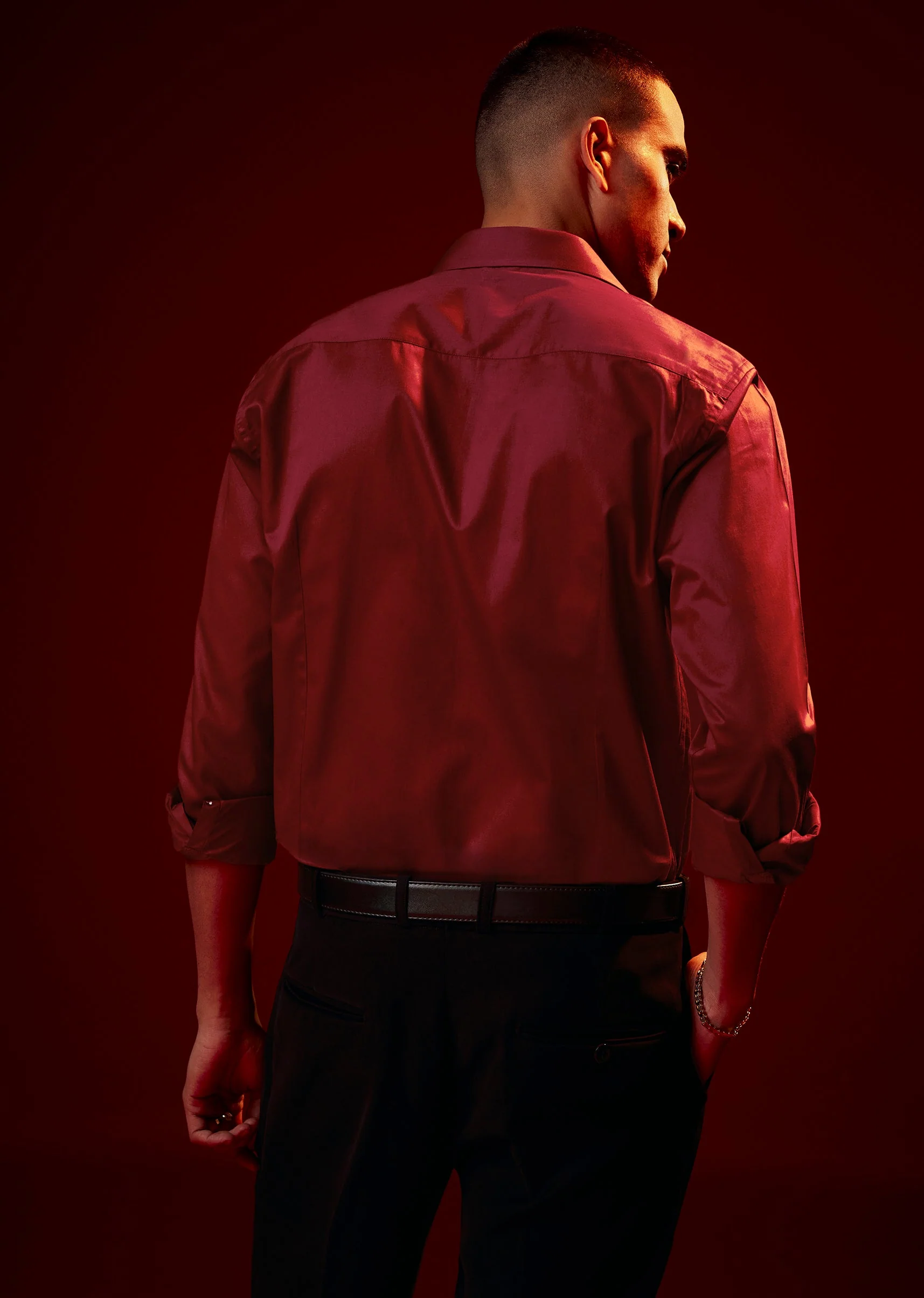Red Embroidered Silk Blend Mandarin Collar Shirt