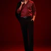 Red Embroidered Silk Blend Mandarin Collar Shirt