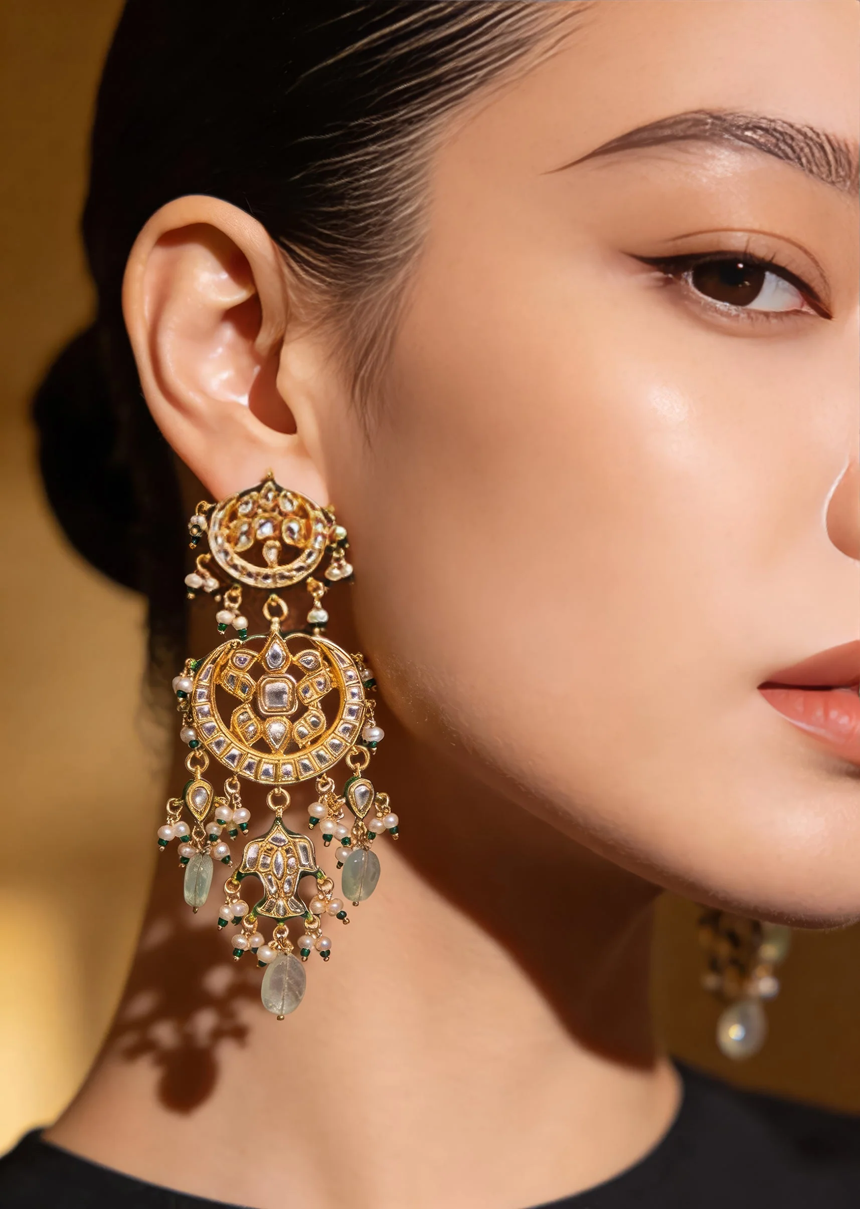 Gold Plated Chandelier Green Earrings