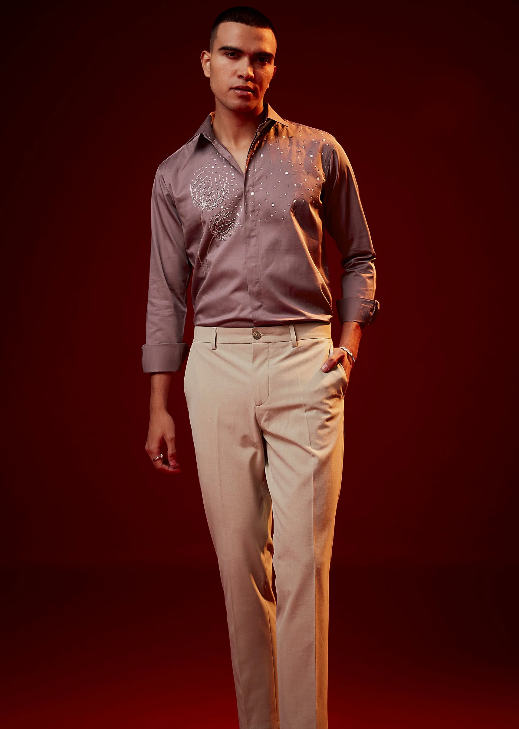 Pink Embroidered Silk Blend Mandarin Collar Shirt