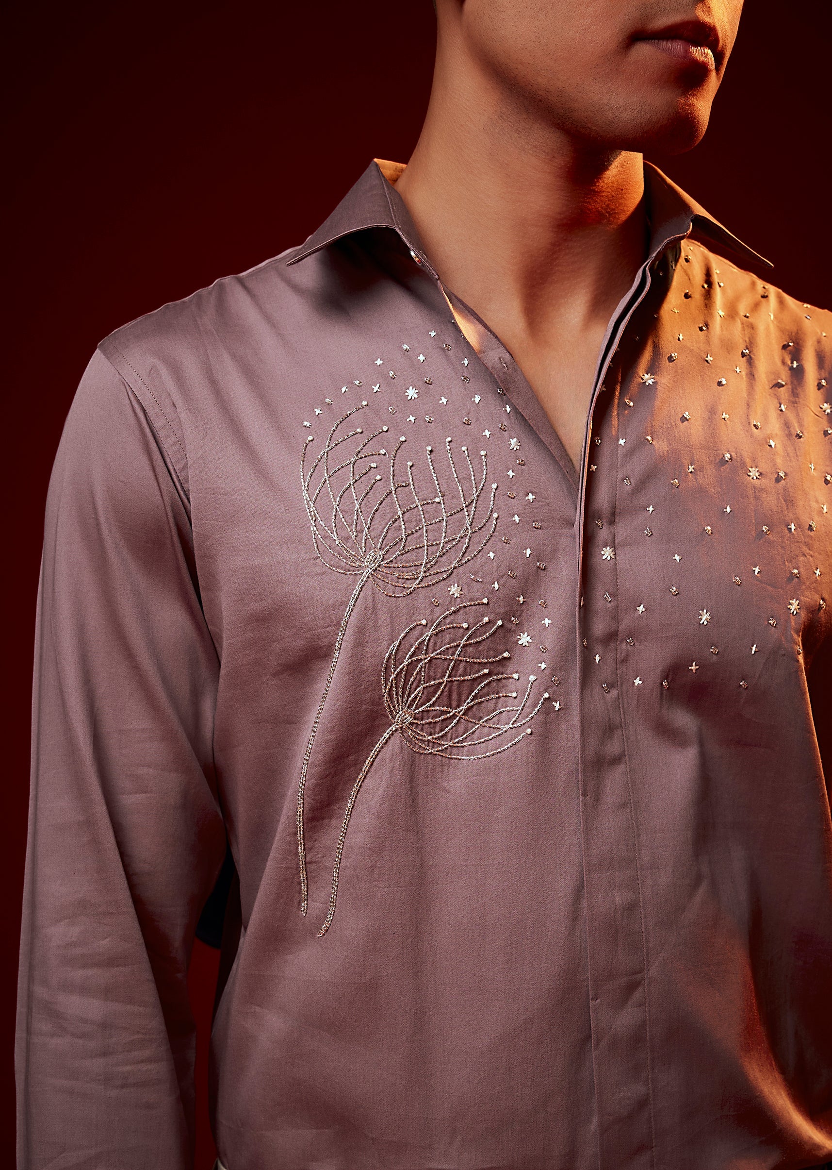 Pink Embroidered Silk Blend Mandarin Collar Shirt