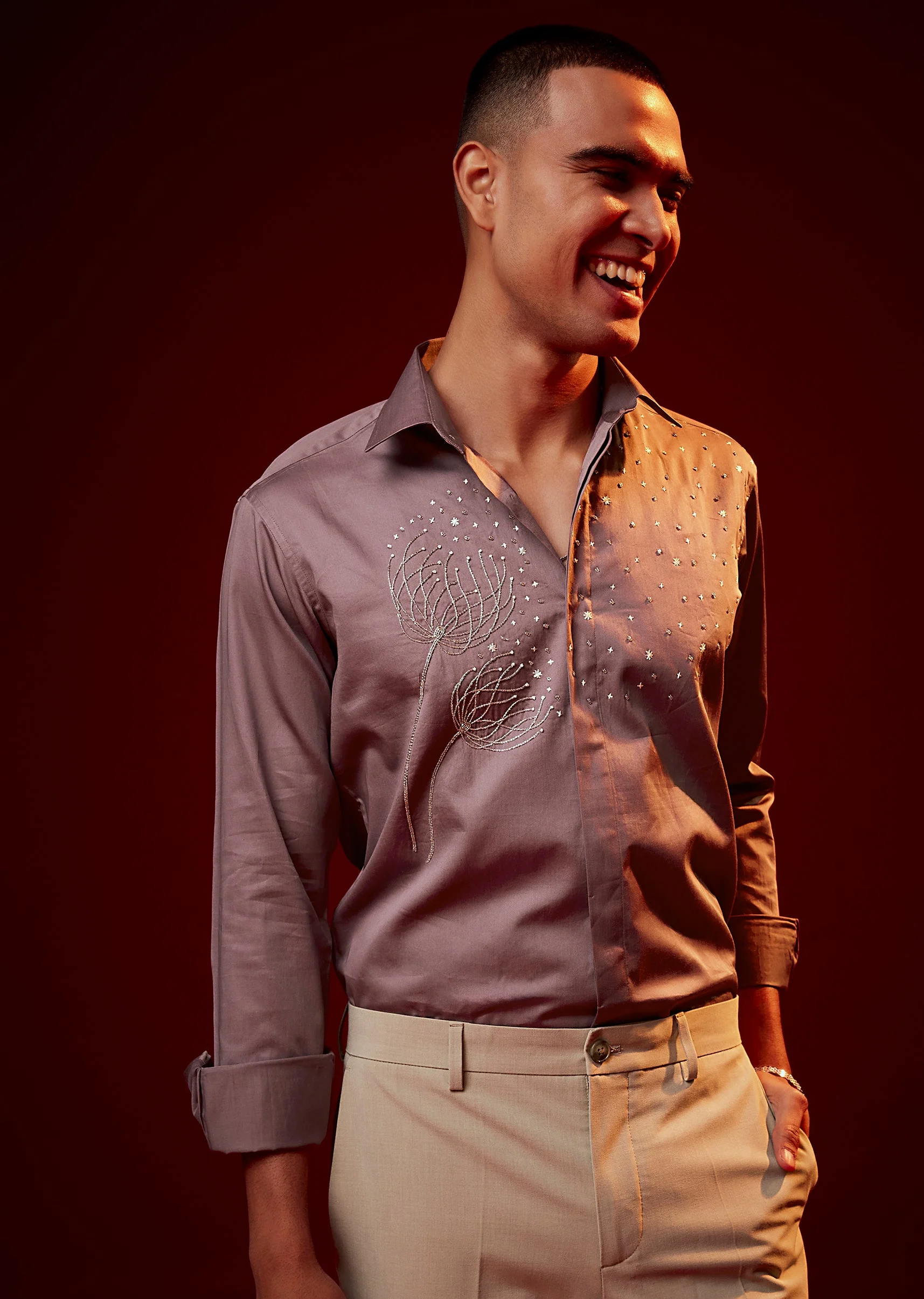 Pink Embroidered Silk Blend Mandarin Collar Shirt